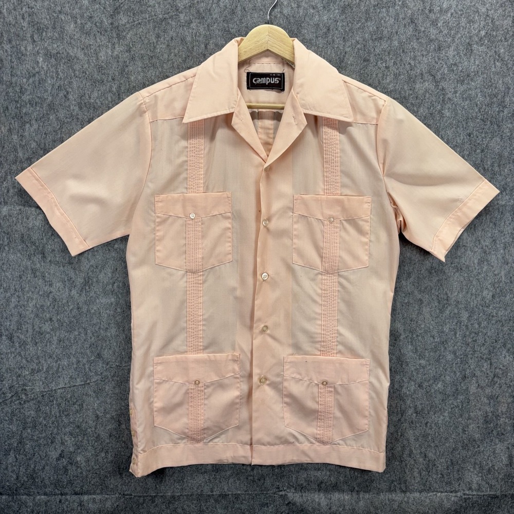 Vintage 1970s Campus Guayabera Shirt Men's Small Peach Short Sleeve